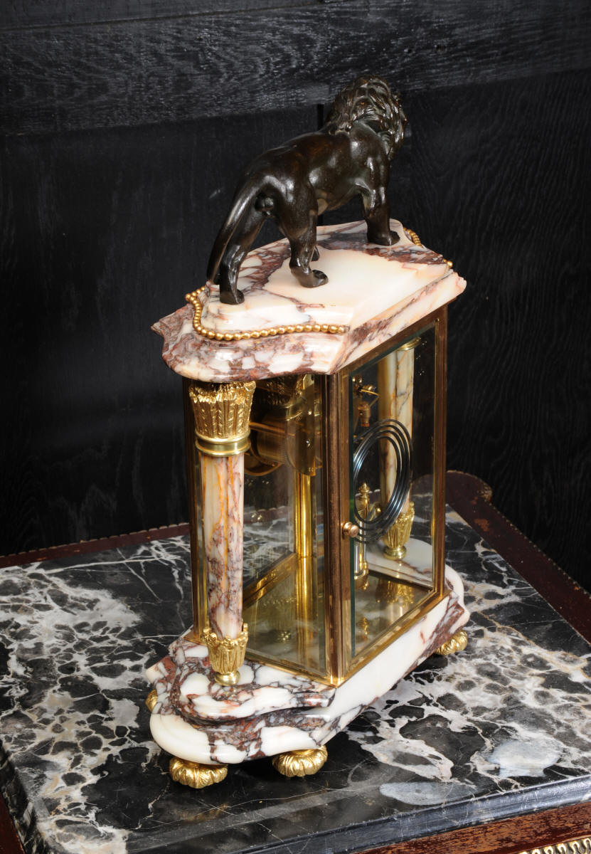 Japy Freres Four Glass Regulator Specimen Marble and Bronze Lion